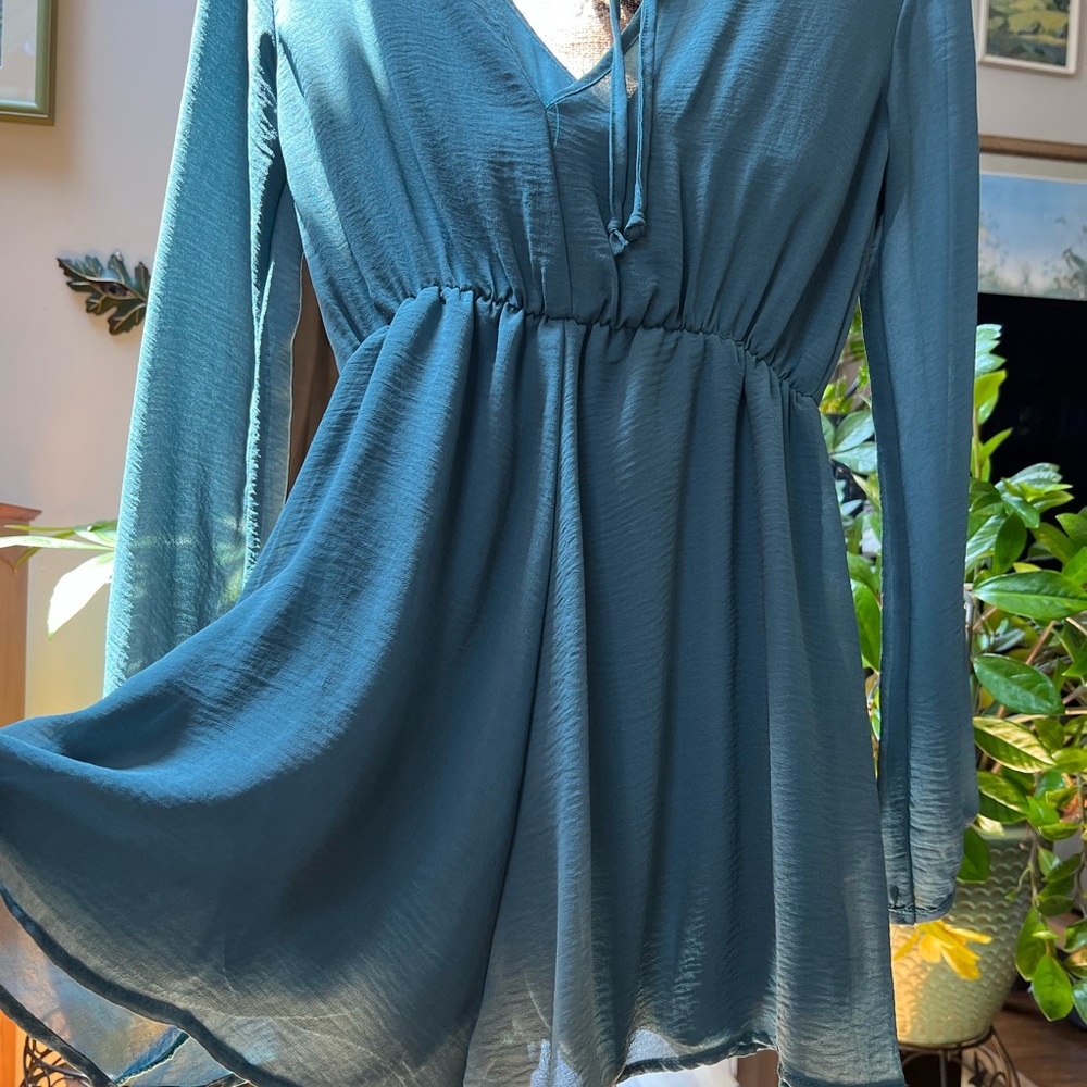 Teal Playsuit with Sheer Long Sleeves